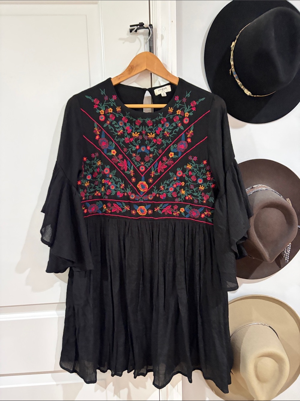Umgee Black Long Sleeve Boho Dress with Multicolor Floral Embroidery
